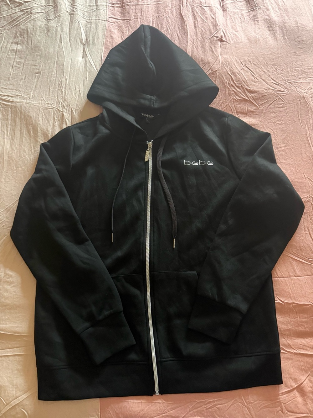 Bebe Woman Black Zip Front Hoodie with Crystal Logo